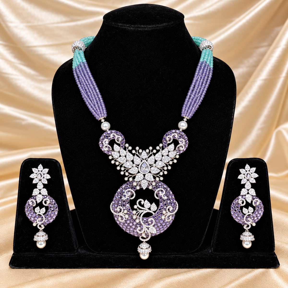 Lavender & Turquoise Beaded Statement Choker Set with American Diamond Accents