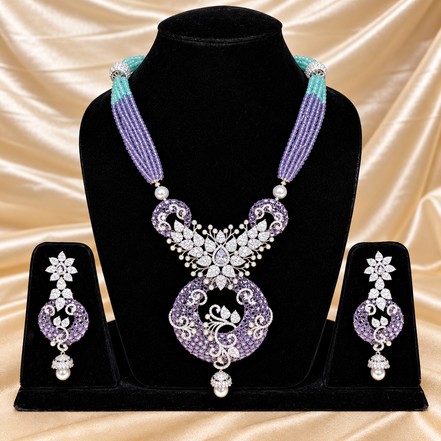 Lavender & Turquoise Beaded Statement Choker Set with American Diamond Accents