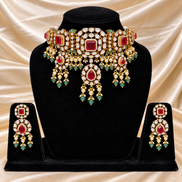 Royal Jadau Kundan & Ruby Red Choker Set with Green Bead Drops
