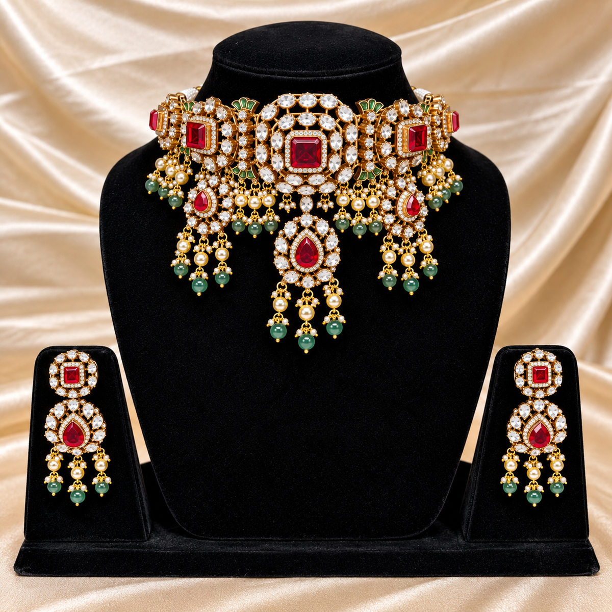 Royal Jadau Kundan & Ruby Red Choker Set with Green Bead Drops