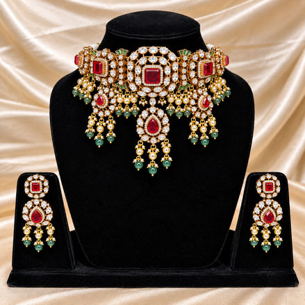 Royal Jadau Kundan & Ruby Red Choker Set with Green Bead Drops