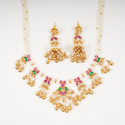 Traditional Gold-Plated Pearl & Semiprecious Stone Festive Necklace Set with Jhumkas