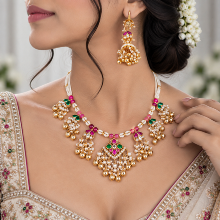 Traditional Gold-Plated Pearl & Semiprecious Stone Festive Necklace Set with Jhumkas
