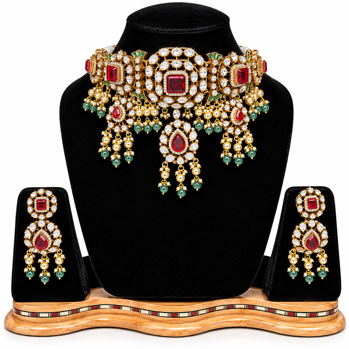 Royal Jadau Kundan & Ruby Red Choker Set with Green Bead Drops
