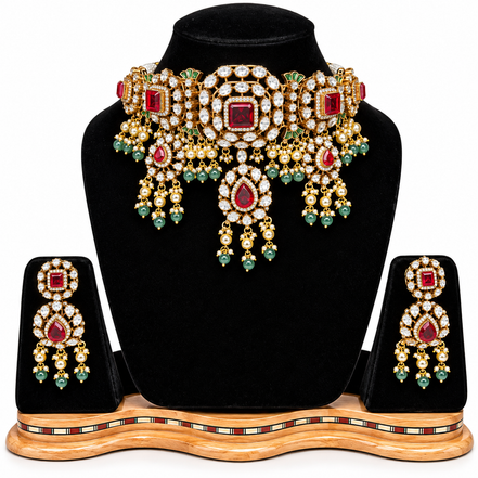 Royal Jadau Kundan & Ruby Red Choker Set with Green Bead Drops
