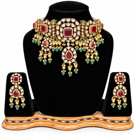 Royal Jadau Kundan & Ruby Red Choker Set with Green Bead Drops