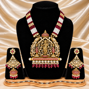 Antique Gold Finish Shrinathji Temple Haar Set with Pearl & Ruby Strands