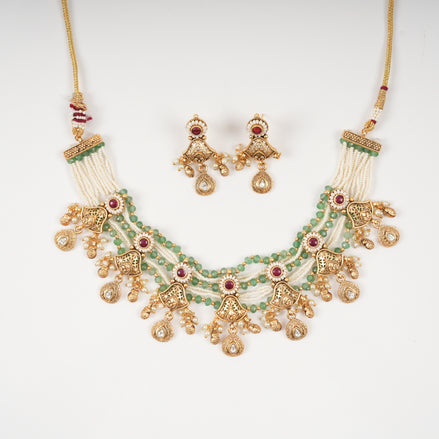 Regal Multi-Strand Emerald Green & Pearl Beaded Festive Necklace Set with Matching Drop Earrings