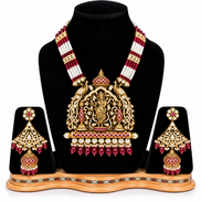Antique Gold Finish Shrinathji Temple Haar Set with Pearl & Ruby Strands