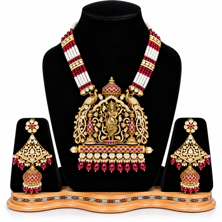 Antique Gold Finish Shrinathji Temple Haar Set with Pearl & Ruby Strands
