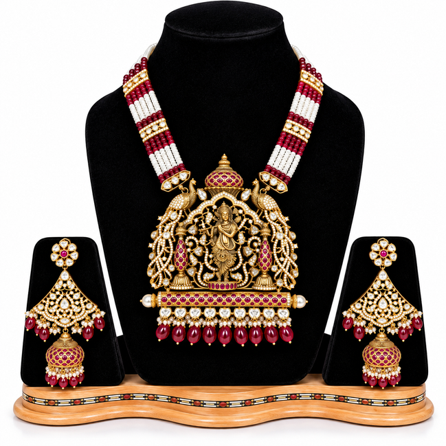 Antique Gold Finish Shrinathji Temple Haar Set with Pearl & Ruby Strands