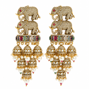 Royal Elephant Traditional Jhumka Earrings with Multicolour Stones & White Bead Drops