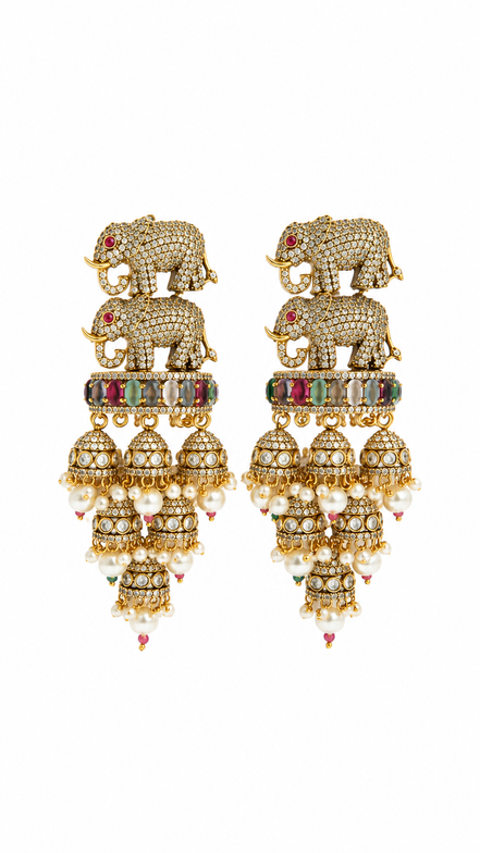Royal Elephant Traditional Jhumka Earrings with Multicolour Stones & White Bead Drops