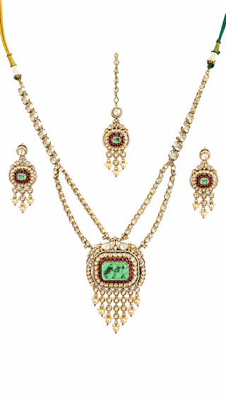 Green Traditional Necklace Set with White Bead & Deep Red Detailing