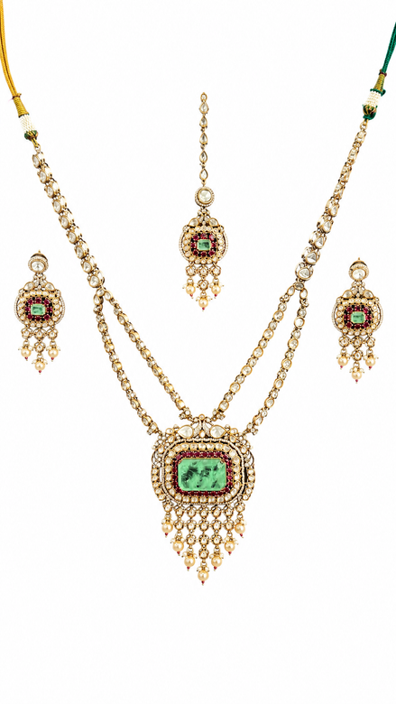 Green Traditional Necklace Set with White Bead & Deep Red Detailing