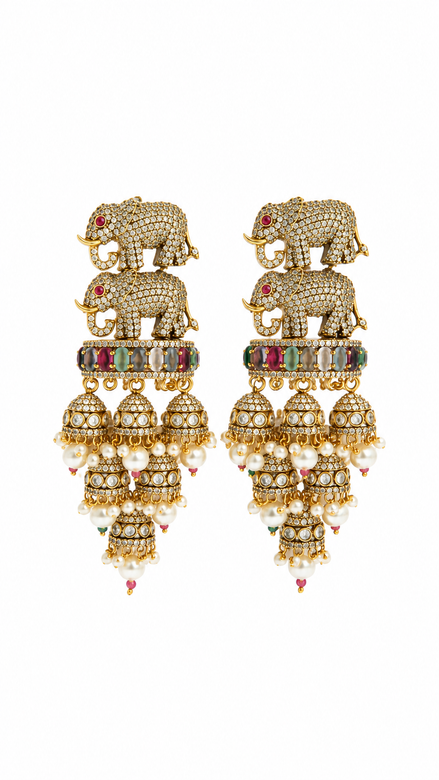 Royal Multicolour Traditional Drop Earrings with Green Stone & White Bead Detailing