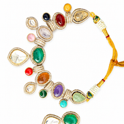 Multicolour Traditional Stone-Studded Necklace Set with Green Centre Stone & Matching Earrings