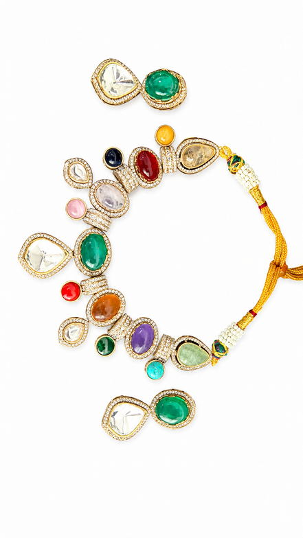 Multicolour Traditional Stone-Studded Necklace Set with Green Centre Stone & Matching Earrings