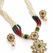Royal Traditional White Bead Necklace Set with Green & Magenta Beads and Matching Earrings