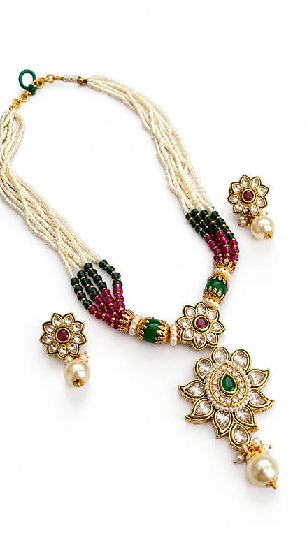 Royal Traditional White Bead Necklace Set with Green & Magenta Beads and Matching Earrings