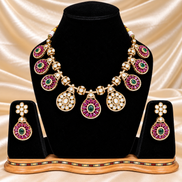 Jadau Kundan & Ruby-Emerald Floral Teardrop Necklace Set