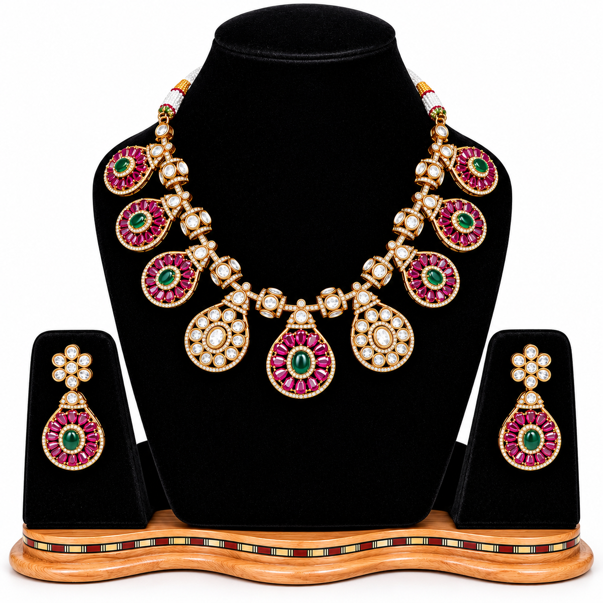 Jadau Kundan & Ruby-Emerald Floral Teardrop Necklace Set