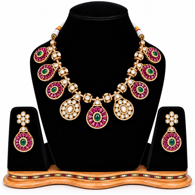 Jadau Kundan & Ruby-Emerald Floral Teardrop Necklace Set
