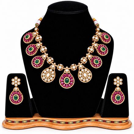Jadau Kundan & Ruby-Emerald Floral Teardrop Necklace Set