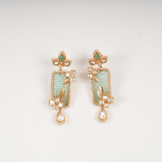 Ananya Mint Green Rectangular Drop Earrings with Floral Leaf Motifs