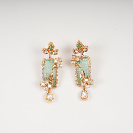 Ananya Mint Green Rectangular Drop Earrings with Floral Leaf Motifs