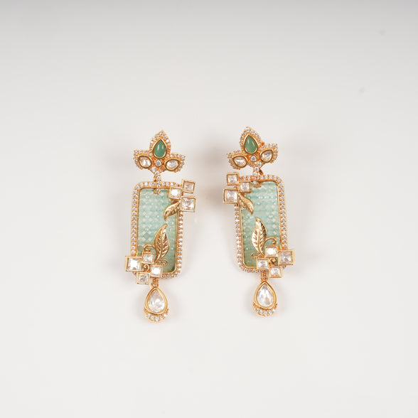 Ananya Mint Green Rectangular Drop Earrings with Floral Leaf Motifs