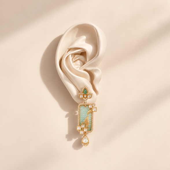 Ananya Mint Green Rectangular Drop Earrings with Floral Leaf Motifs