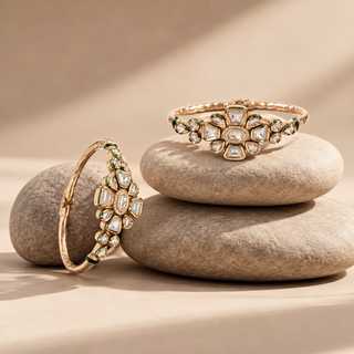 Bhavya Floral Kundan Openable Kada Bangle Pair with Green Meenakari Detailing