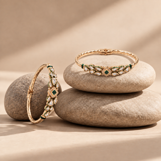 Avani Emerald Center Kundan Openable Kada Bangle Pair with Green Enamel Detailing