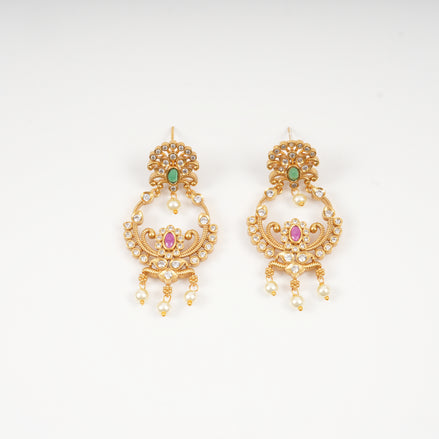 Charvi Regal Ruby & Emerald Chandbali Drop Earrings with Hanging Pearls