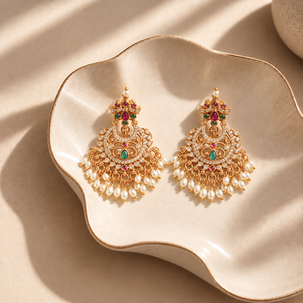 Bindu Ornate Chandbali Drop Earrings with Pearl Bunch Detailing