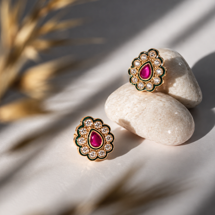 Chhavi Floral Ruby & Polki Stud Earrings with Green Enamel Accent