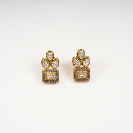 Divya Geometric Baguette & Leaf Motif Stud Earrings with Green Enamel Detailing