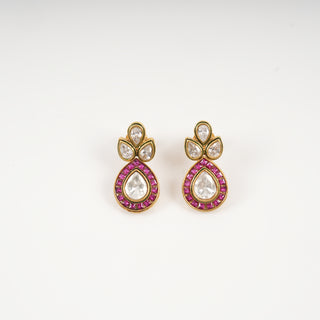 Esha Teardrop Ruby Halo & Polki Drop Earrings with Enamel Accents