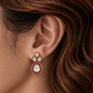 Esha Teardrop Ruby Halo & Polki Drop Earrings with Enamel Accents
