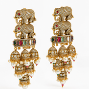 Royal Elephant Traditional Jhumka Earrings with Multicolour Stones & White Bead Drops