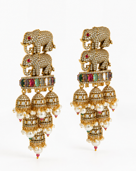 Royal Elephant Traditional Jhumka Earrings with Multicolour Stones & White Bead Drops