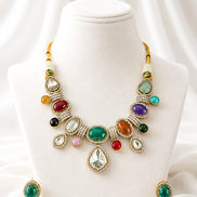 Multicolour Traditional Stone-Studded Necklace Set with Green Centre Stone & Matching Earrings