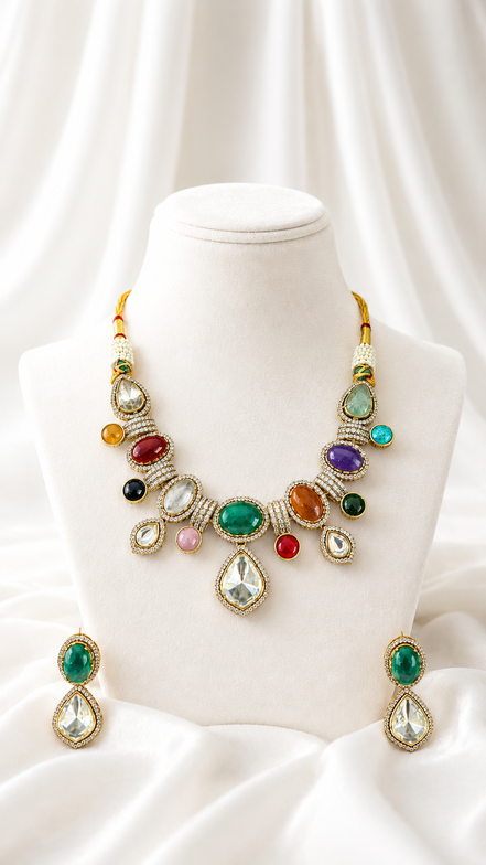 Multicolour Traditional Stone-Studded Necklace Set with Green Centre Stone & Matching Earrings