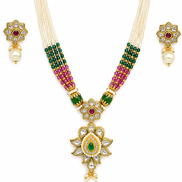 Royal Traditional White Bead Necklace Set with Green & Magenta Beads and Matching Earrings