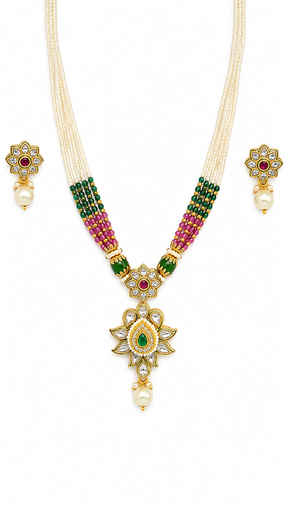 Royal Traditional White Bead Necklace Set with Green & Magenta Beads and Matching Earrings