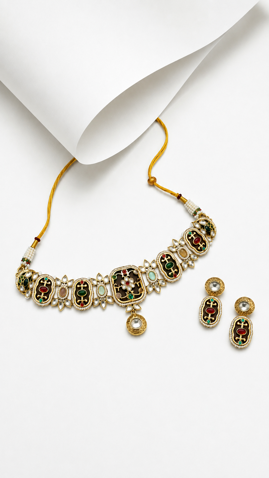 Traditional Meenakari-Inspired Stone-Studded Choker Necklace Set with Matching Earrings