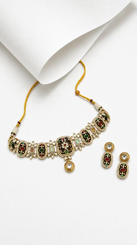 Traditional Meenakari-Inspired Stone-Studded Choker Necklace Set with Matching Earrings