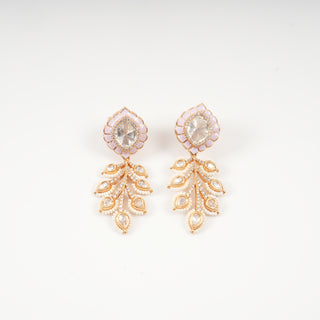 Gauri Pastel Pink Lotus Motif Polki Drop Earrings with Pearl Foliage Detail