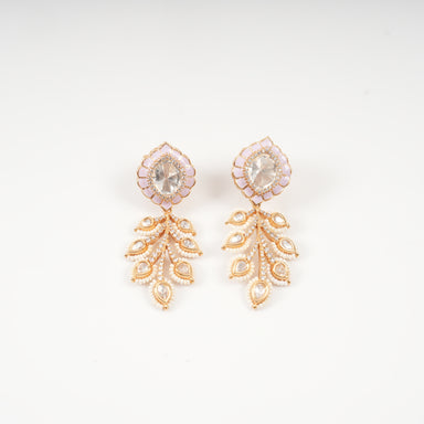 Gauri Pastel Pink Lotus Motif Polki Drop Earrings with Pearl Foliage Detail